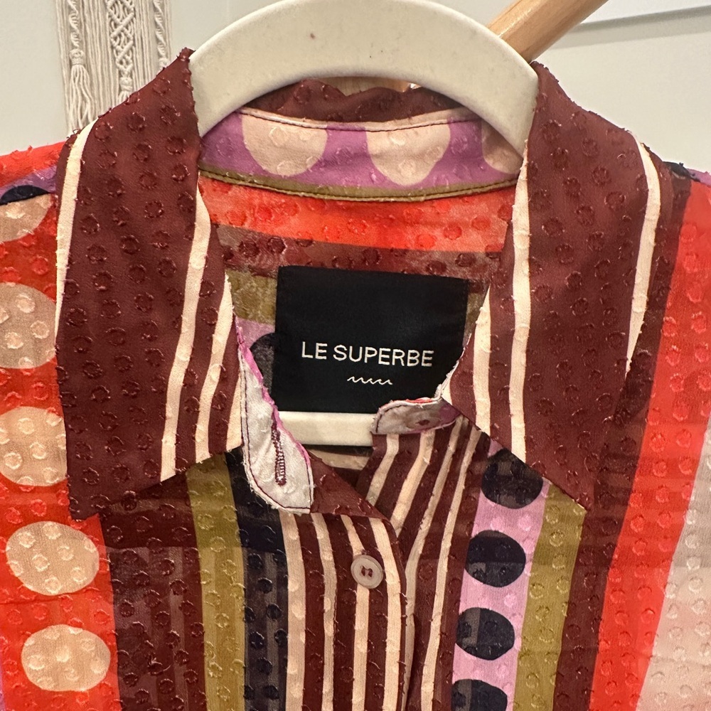 Le Superbe Mixed Print Striped Polka Dot Viscose Button Down Blouse - Picture 3 of 5